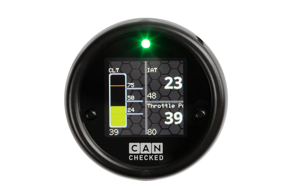 CANchecked MFD15 Multi-Function Display, 1.5-inch Gen2 interior panel with white background showing digital readouts and controls.