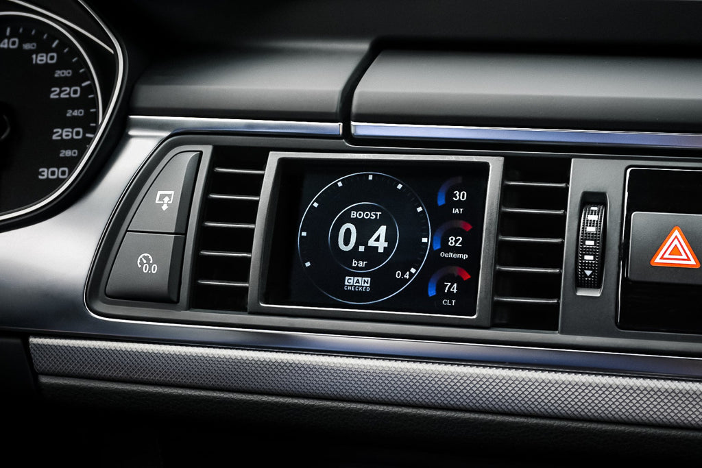 CANchecked 3.2" Gen2 Multi Function Display installed in Audi C7 S6, S7, A6, A7 interior dashboard, LHD model.