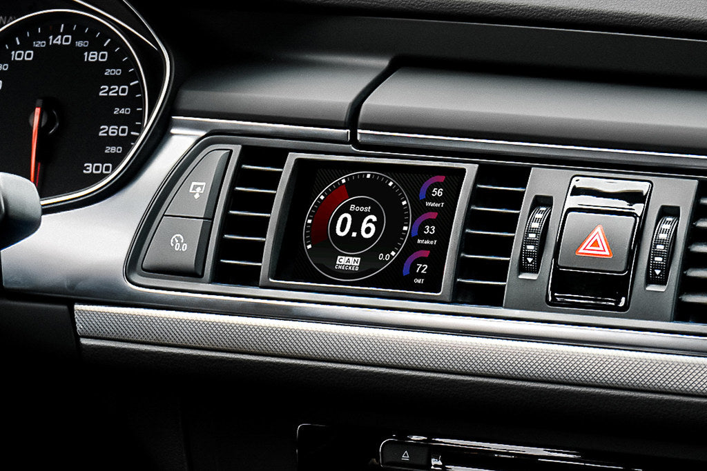 CANchecked 3.2" Gen2 multi-function display installed in Audi C7 S6, S7, A6, and A7 interior with LHD configuration.