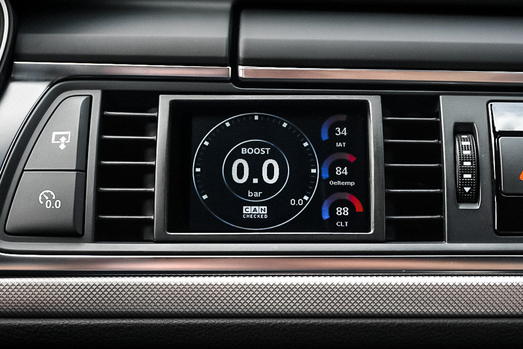 CANchecked 3.2" Gen2 Multi Function Display installed in Audi C7 S6, A6, S7, A7 interior dashboard, LHD model.