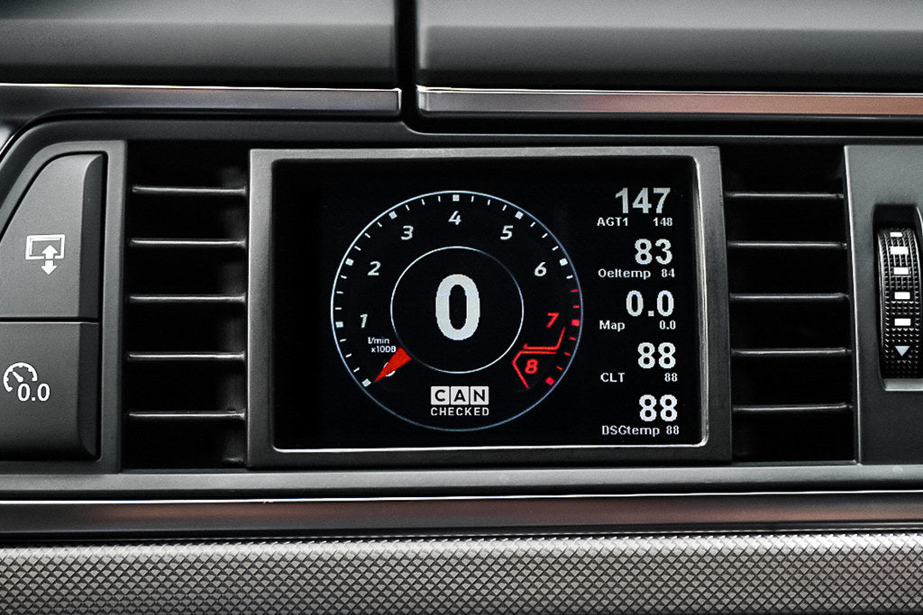 CANchecked 3.2" Gen2 multi-function display installed in Audi C7 S6, A6, S7, A7 interior dashboard, LHD model.