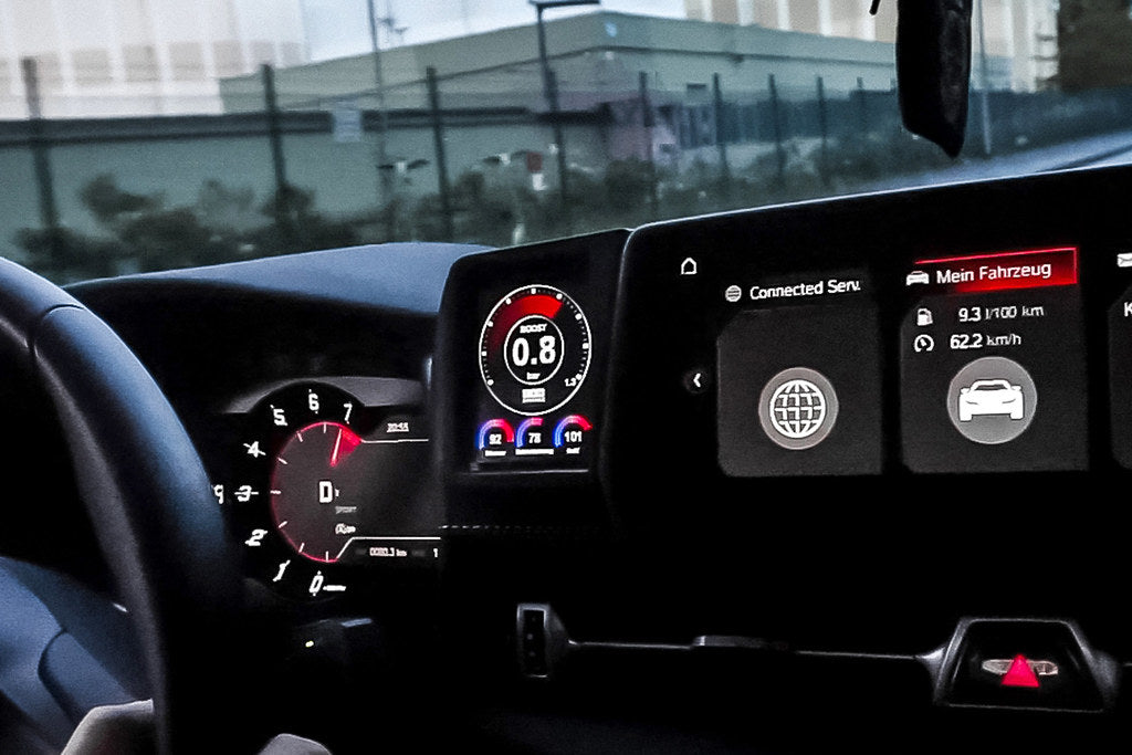 CANchecked A90 MK5 GR Supra 3.2-inch Gen2 multi-function interior display installed in the vehicle dashboard.