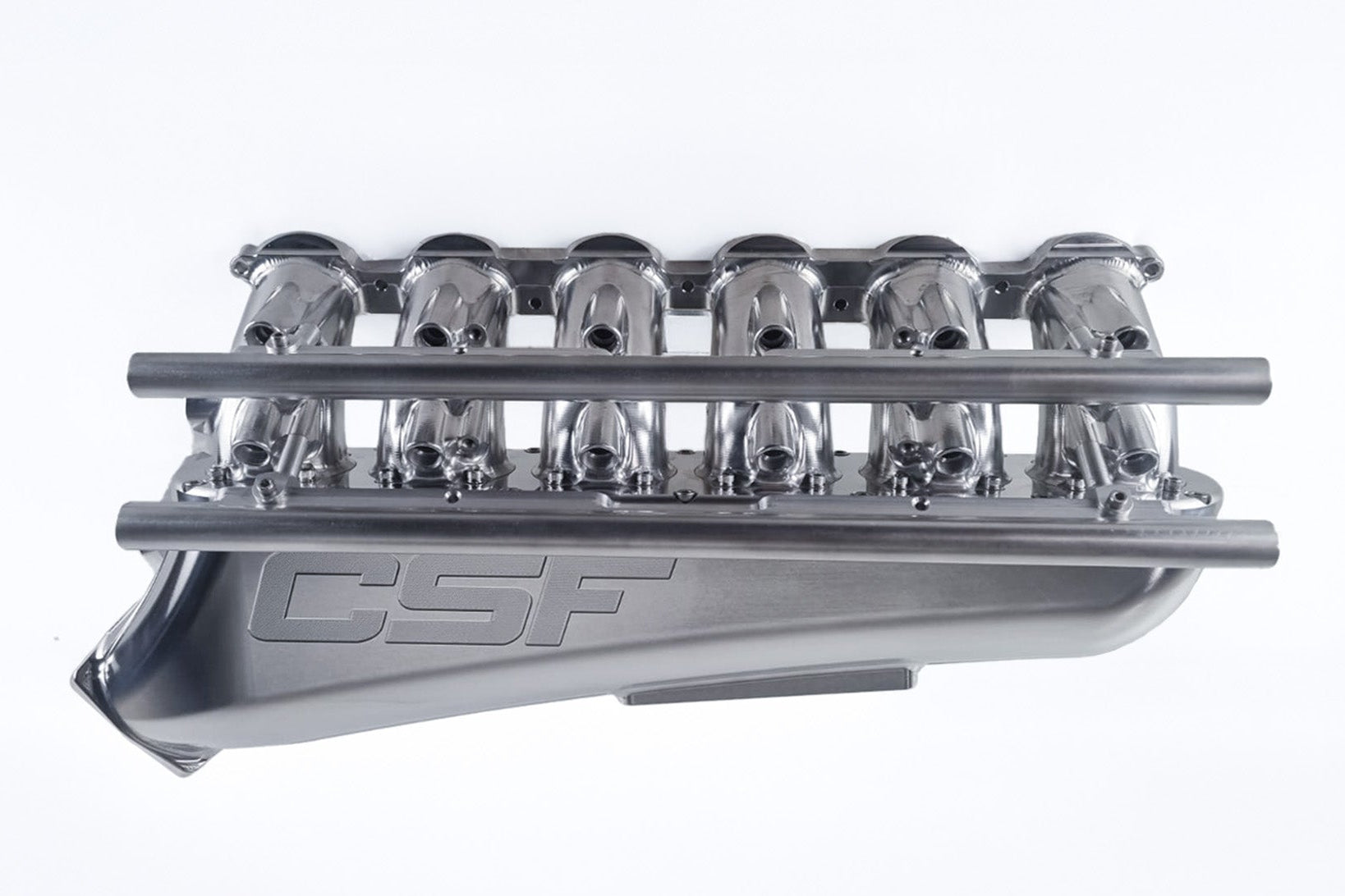 CSF G8X M2, M3, M4 S58 billet air-to-air competition manifold on white background, showcasing polished performance automotive part.