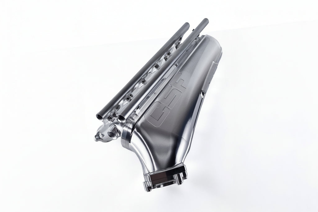 CSF G8X M2 M3 M4 S58 billet air-to-air competition manifold mounted on a white background.