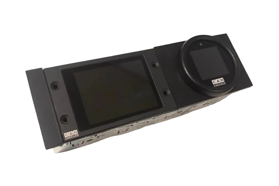 CANchecked universal DIN frame for MFD15 and MFD28 interior display units, shown in a sleek black finish.