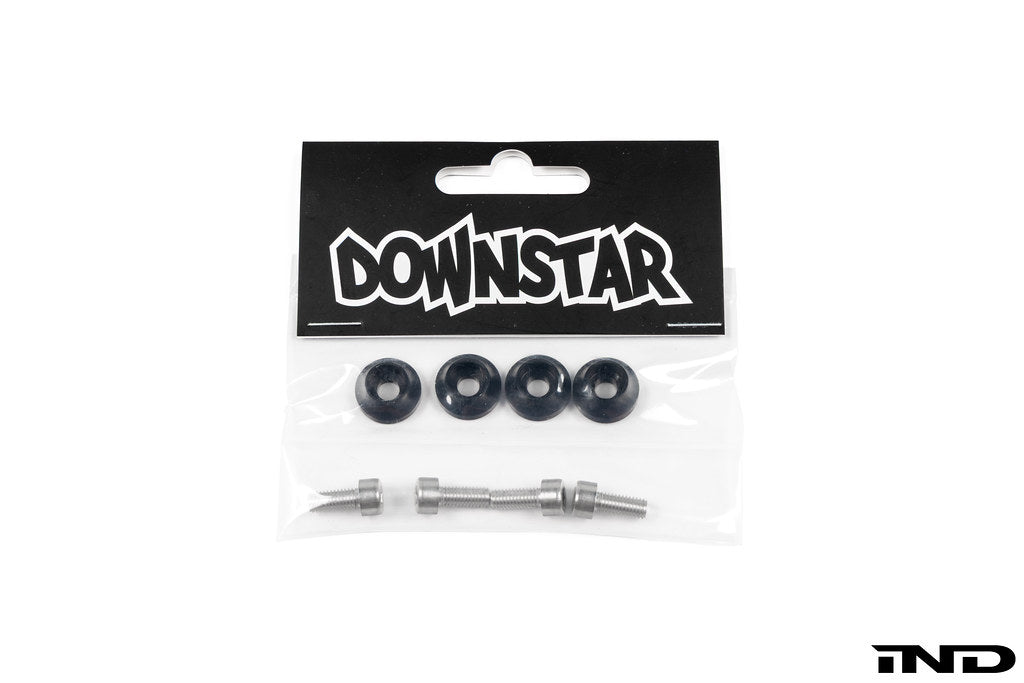 Downstar BMW License Plate Dress Up Hardware package containing stainless steel license plate bolts and billet aluminum beauty washers, displayed on a white background.