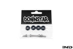 Downstar BMW License Plate Dress Up Hardware package containing stainless steel license plate bolts and billet aluminum beauty washers, displayed on a white background.