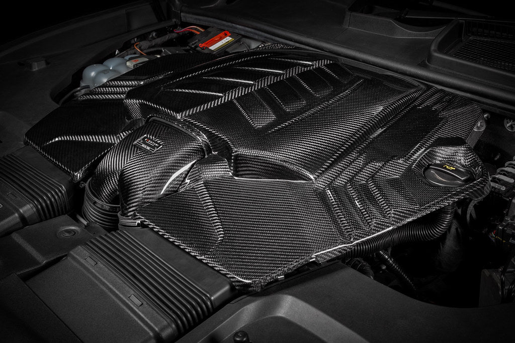 Close-up of Eventuri 4.0TFSI Twin Turbo V8 black carbon intake system showing sleek airbox design for 2019-2024 Audi performance.