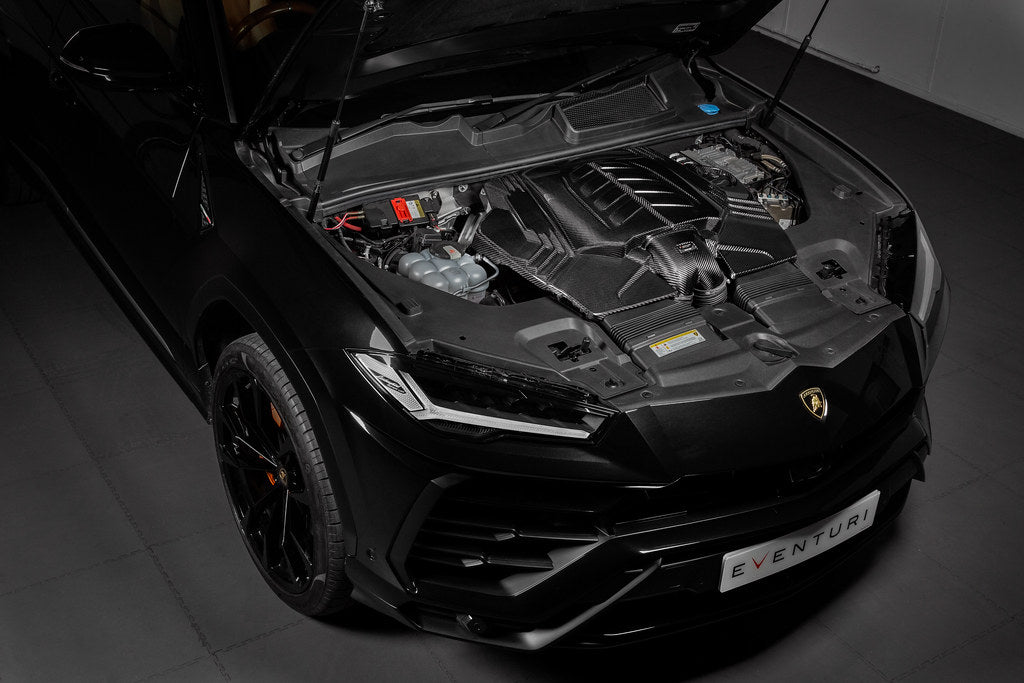 Eventuri 4.0TFSI Twin Turbo V8 black carbon intake system showing sleek twin turbo intake pipes and high-performance design.