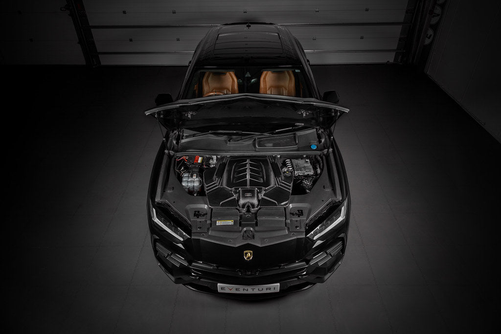 Eventuri 4.0TFSI Twin Turbo V8 black carbon intake system with polished metal components for 2019-2024 performance vehicles.