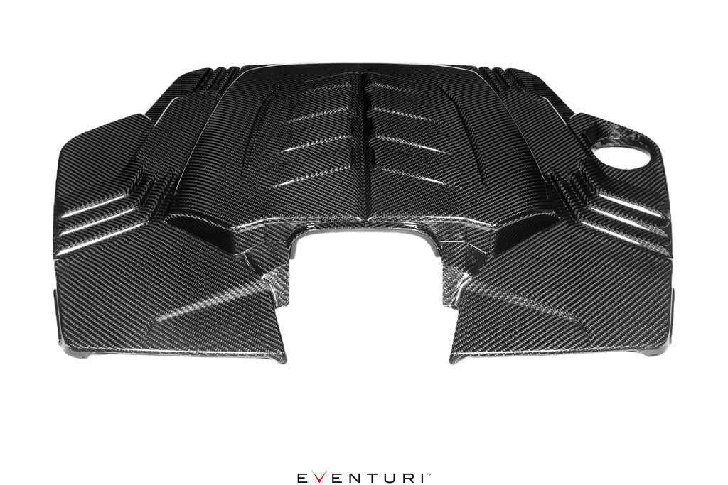 Eventuri 4.0TFSI Twin Turbo V8 black carbon intake system for 2019-2024 Audi performance engine with twin turbochargers.