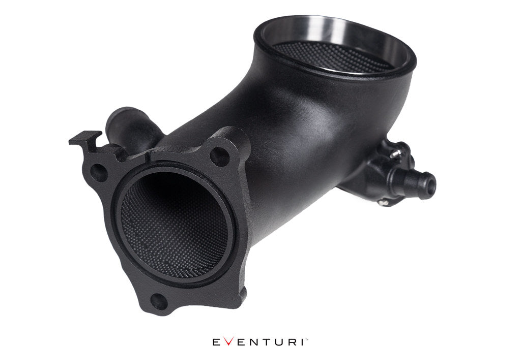Eventuri 4.0TFSI twin turbo V8 black carbon intake system showing sleek carbon fiber design and twin turbo inlet pipes.