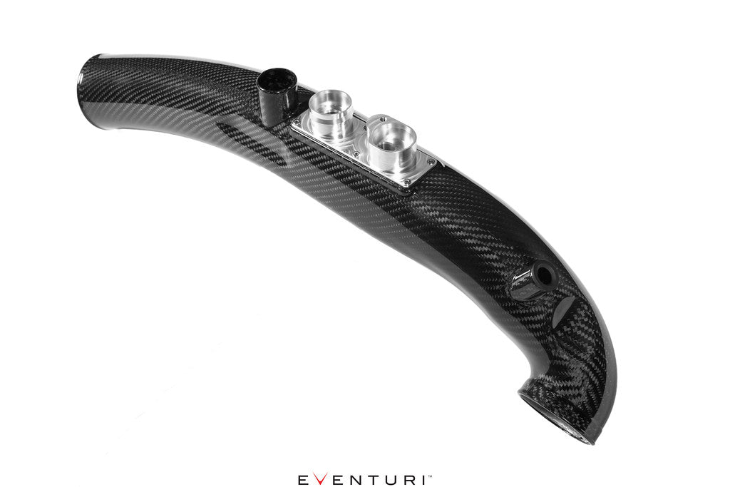 Eventuri black carbon turbo tube for Mercedes AMG A35 and CLA35, performance upgrade component, shown on a white background