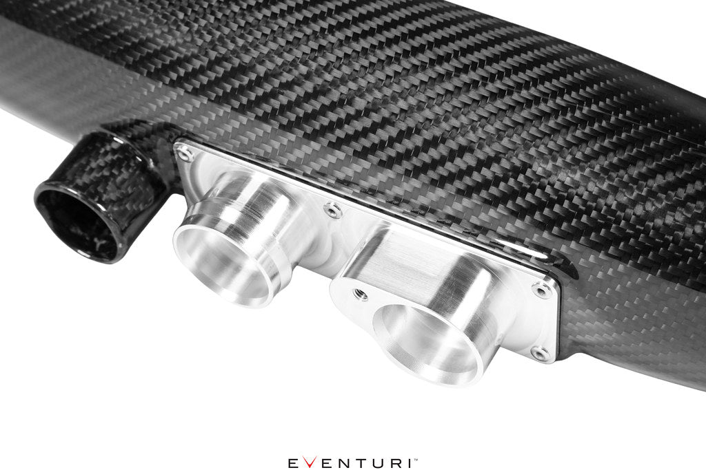 Eventuri black carbon hybrid turbo tube for Mercedes AMG A35 and CLA35 performance models, shown on a white background.
