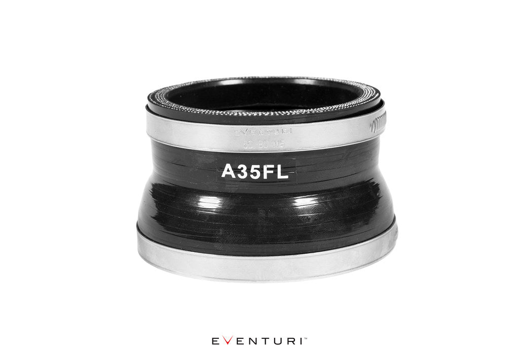 Eventuri black carbon turbo tube for Mercedes AMG A35 and CLA35, performance upgrade, with a sleek black finish on a white background.