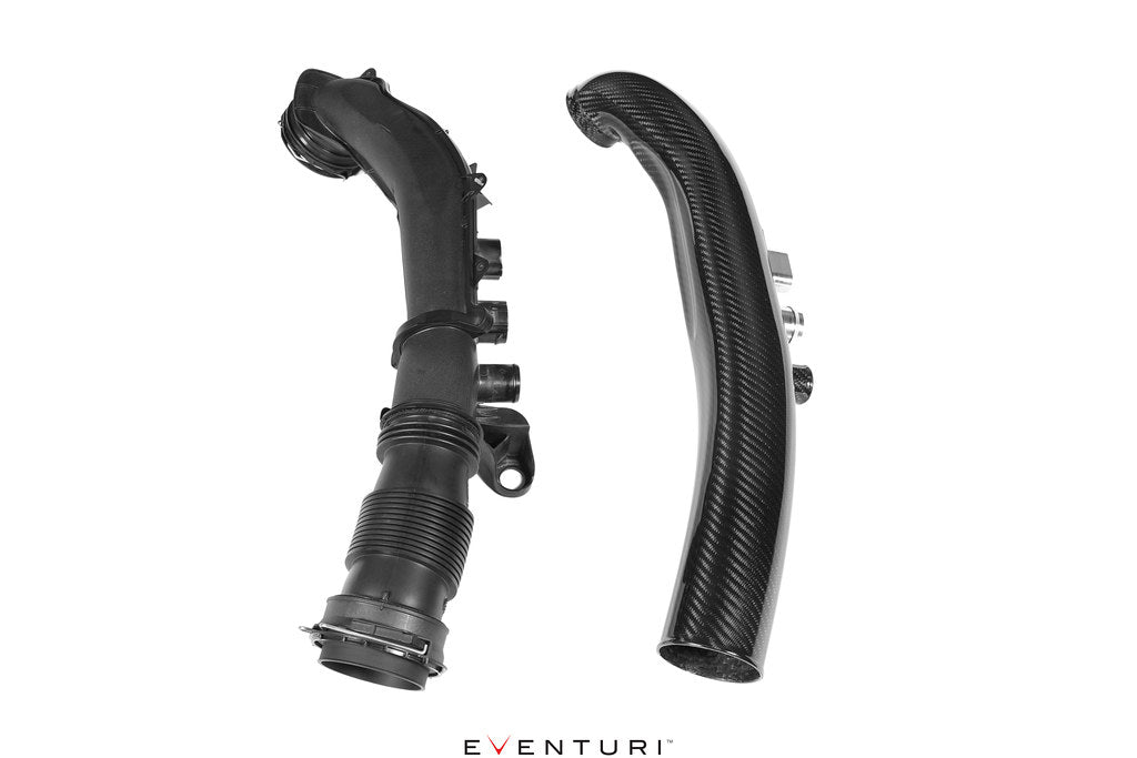 Eventuri black carbon turbo tube for Mercedes AMG A35 and CLA35 performance models, shown on white background.