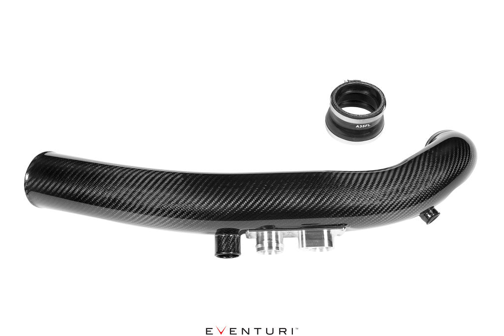 Eventuri black carbon turbo tube for Mercedes AMG A35 and CLA35, performance upgrade part with sleek design on white background.