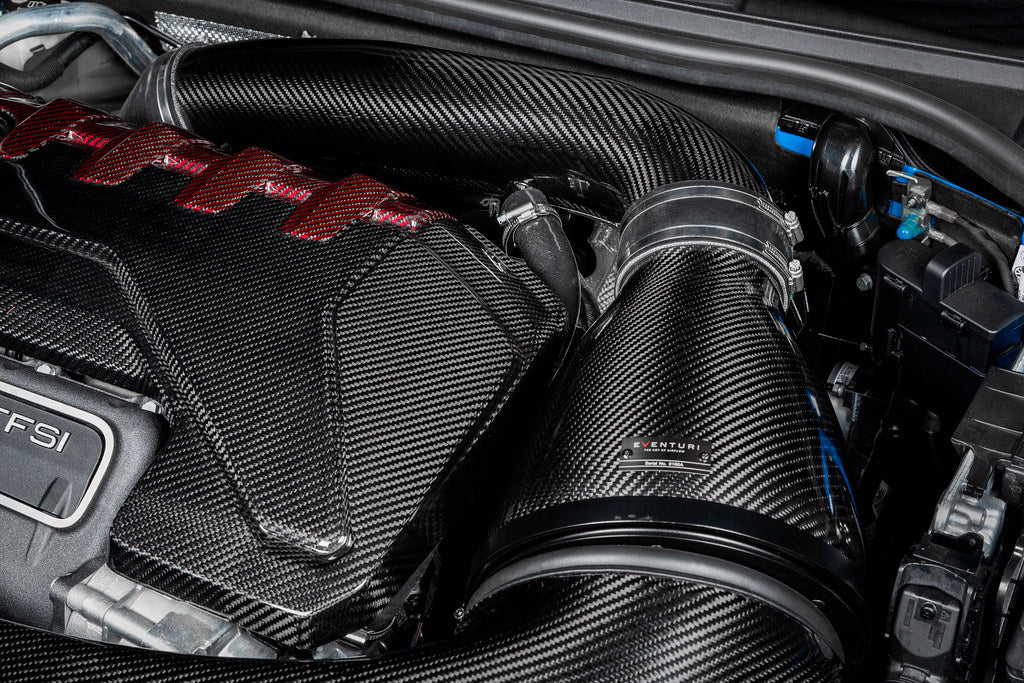 Eventuri black carbon intake system installed on Audi 8Y RS3 engine bay