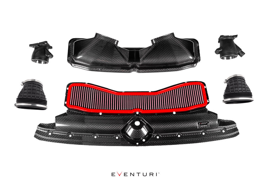 Eventuri Audi C8 RS6 and RS7 black carbon intake system, performance upgrade with sleek gloss finish, shown against a white background.