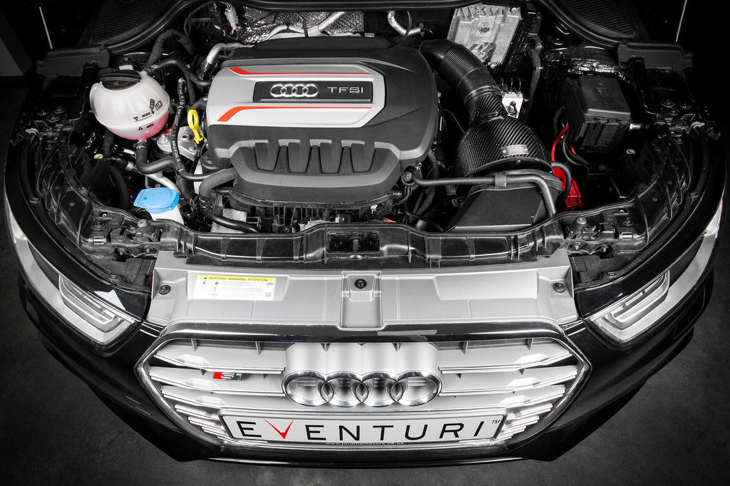 Eventuri Audi 8X S1 carbon intake system with air filter installed, showcasing sleek design from overhead view.