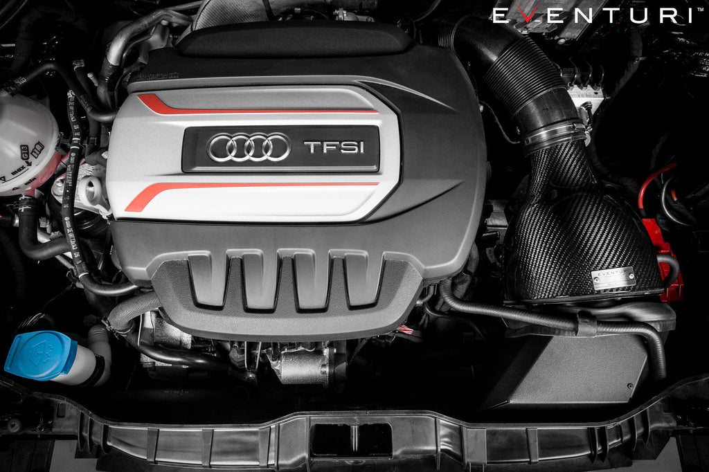 Eventuri Audi S1 8X carbon intake system with air filter installed, showcasing the performance air intake setup.