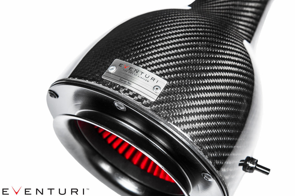 Close-up of Eventuri Audi 8X S1 Carbon Intake System with venturi housing, showcasing sleek carbon fiber design and performance components.