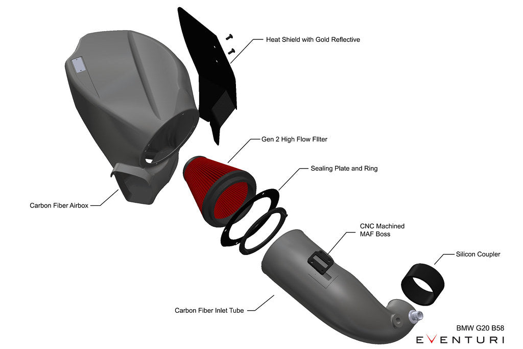 CAD rendering of Eventuri carbon intake system for BMW B58 G20 M340i M440i M240i V2