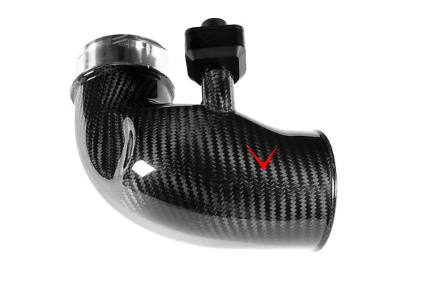 Optional Eventuri carbon turbo inlets for BMW F90 M5 and F9X M8 intake system shown on a white background.