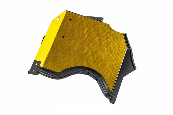 Eventuri heat shield for BMW F90 M5 and F9X M8 intake system shown on a white background featuring gold reflective thermal backing.