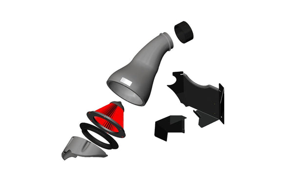 CAD rendering of the Eventuri BMW F90 M5 and F9X M8 intake system showing the carbon intake housings, airflow routing, and twin-turbo inlet design.