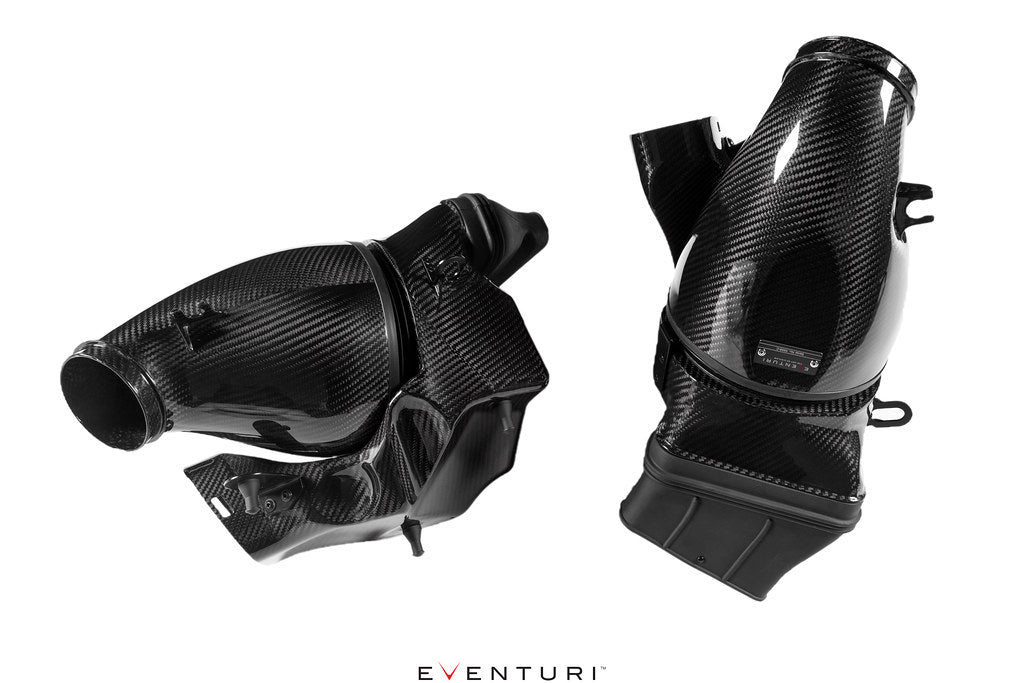 Eventuri black carbon intake system for BMW F95 X5M, F96 X6M, G09 XM, M60i, performance air intake on white background