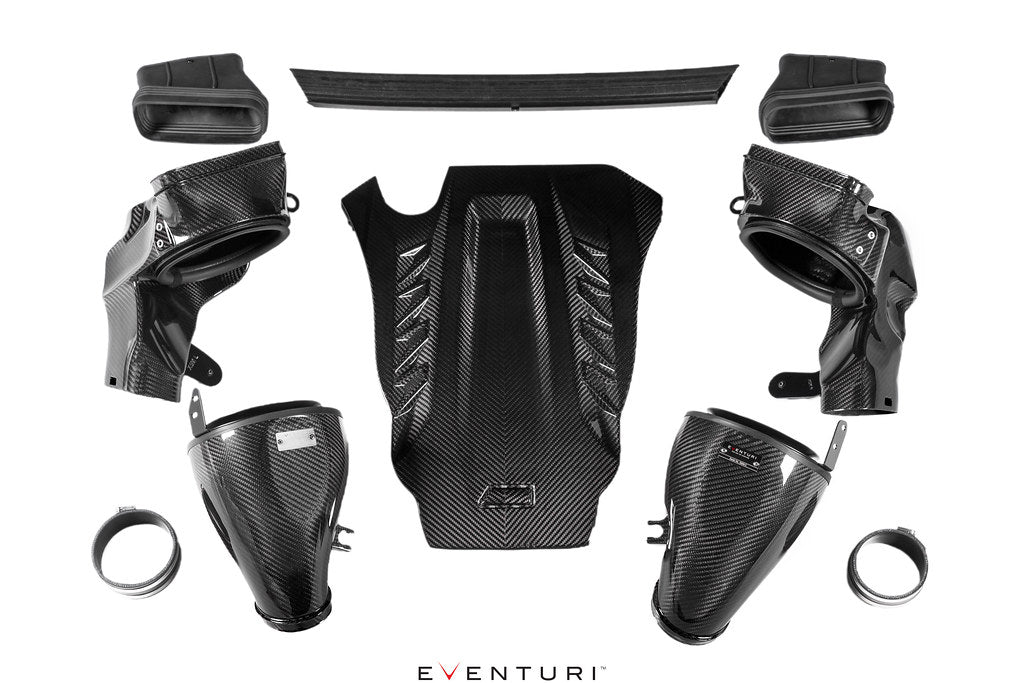 Eventuri black carbon intake system for BMW F95 X5M, F96 X6M, G09 XM, M60i, with performance design on white background.