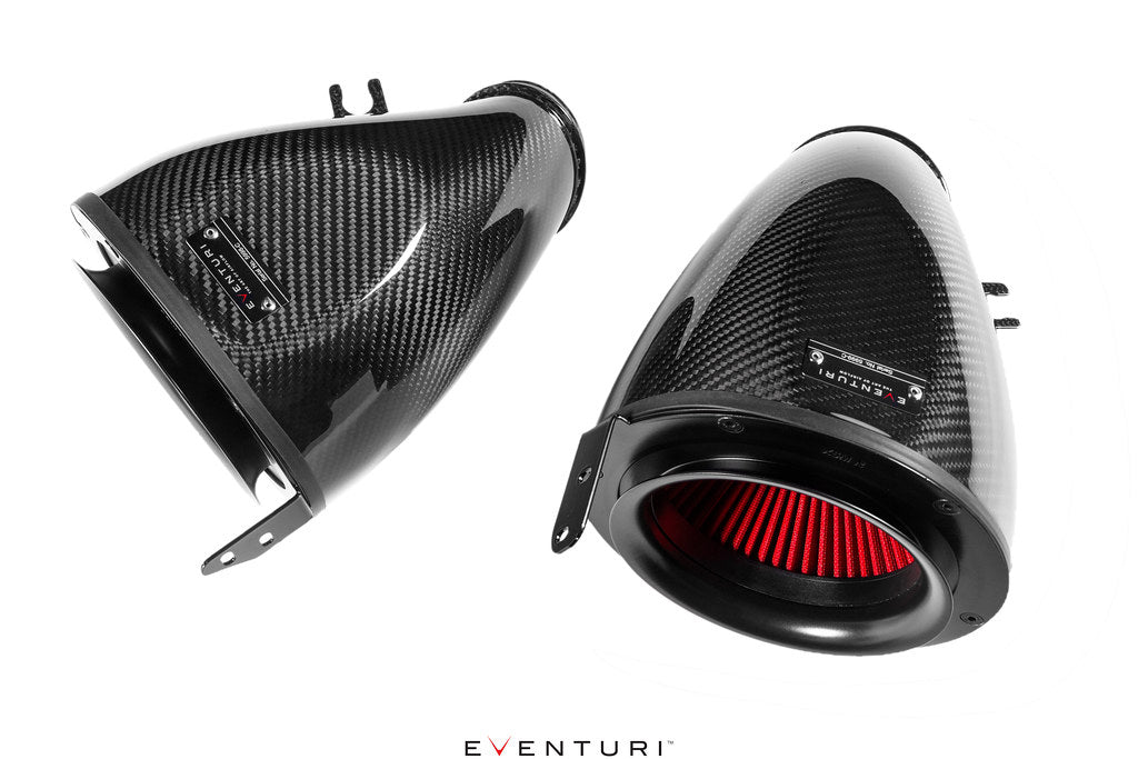 Eventuri black carbon intake system for BMW F95 X5M, F96 X6M, G09 XM, M60i, showcasing sleek performance engine components.