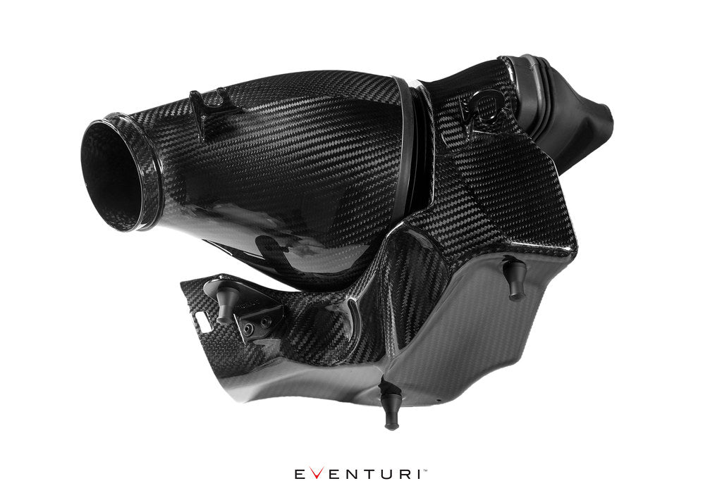 Eventuri black carbon intake system for BMW F95 X5M, F96 X6M, G09 XM, M60i, performance air intake on white background