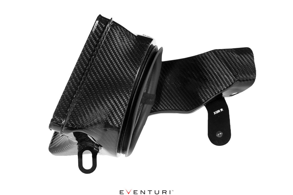 Eventuri black carbon intake system for BMW F95 X5M, F96 X6M, G09 XM, M60i, featuring performance air filters on white background.