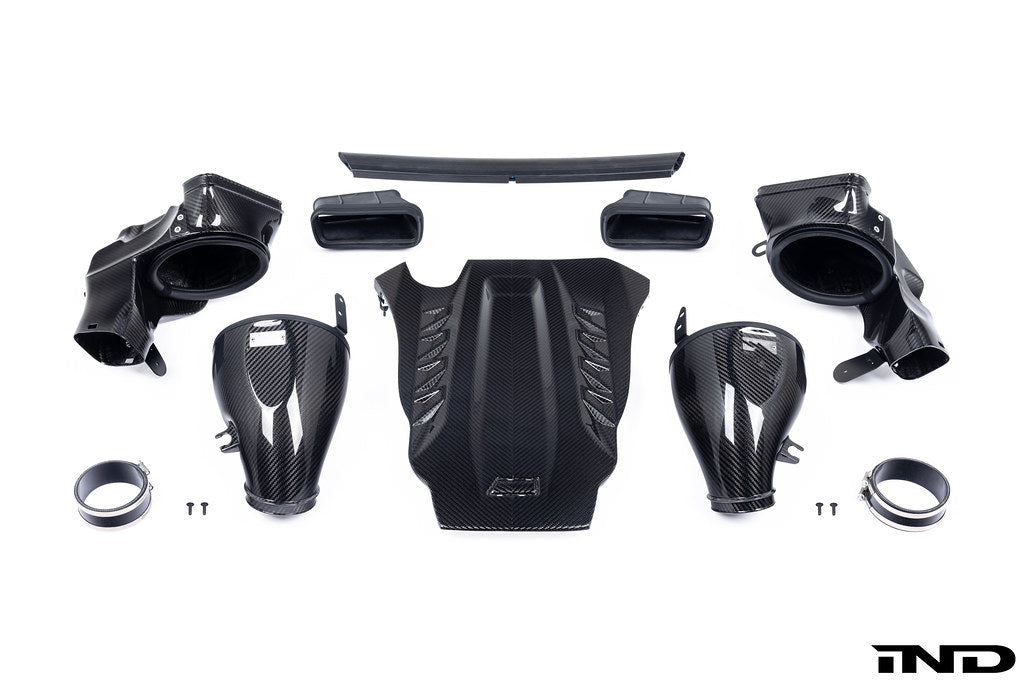 Eventuri black carbon intake system for BMW F95 X5M, F96 X6M, G09 XM, and M60i performance models on white background.