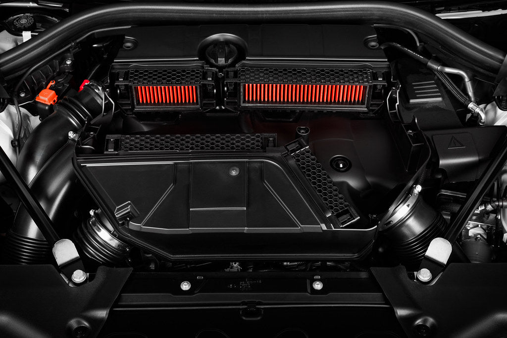 Eventuri performance panel filter set installed in BMW F97 X3M and F98 X4M, high-quality replacement filters for improved airflow