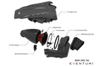 Eventuri black carbon intake system for BMW F9X X5M, X6M, G09 XM, and M60i showing CAD design and airflow development.