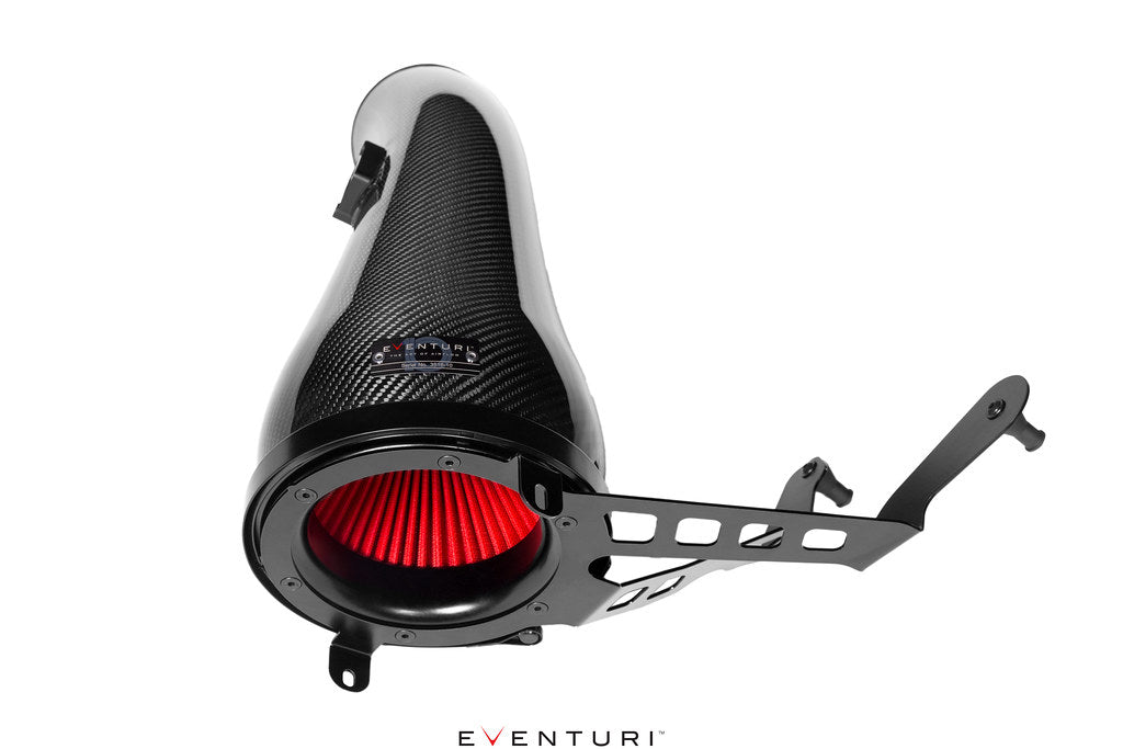 Eventuri black carbon intake system for BMW F7X M135 M235 X1 X2 M35i B48 engine, shown on white background