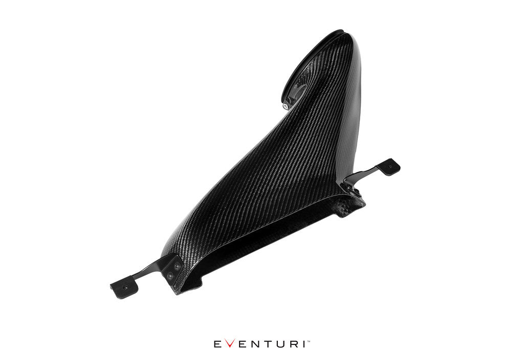 Eventuri black carbon intake system installed in BMW X1 X2 M35i with B48 engine, showing sleek performance upgrade on a white background.