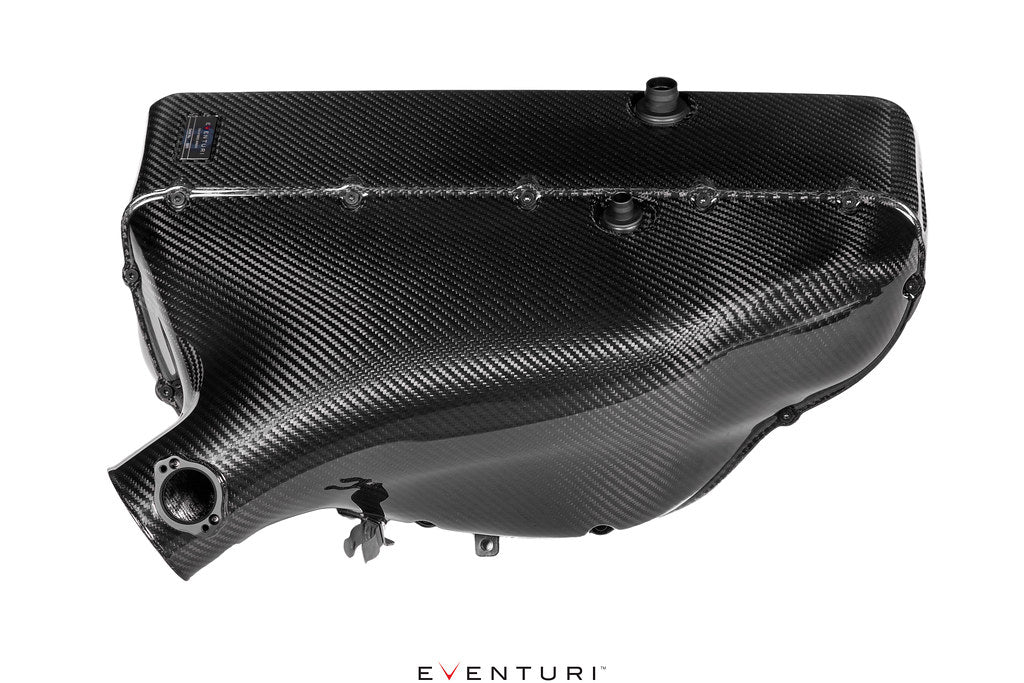 Eventuri BMW Z4M hybrid carbon airbox system with intake filters on white background, showcasing high-performance automotive design.