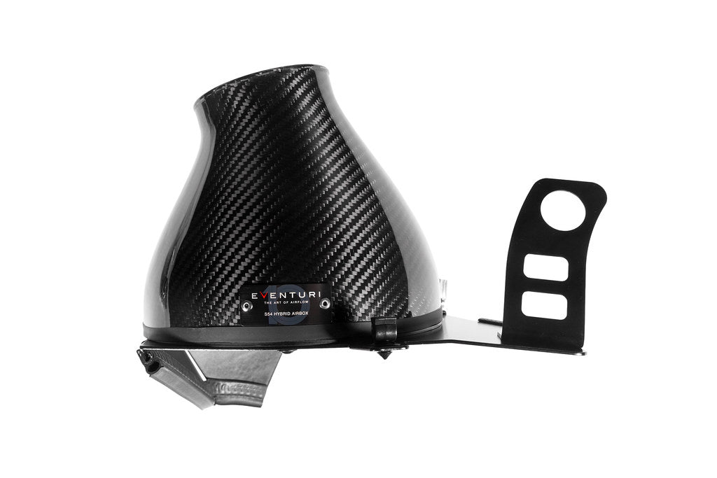 Eventuri BMW Z4M hybrid carbon airbox system with performance intake, featuring sleek white carbon fiber design.