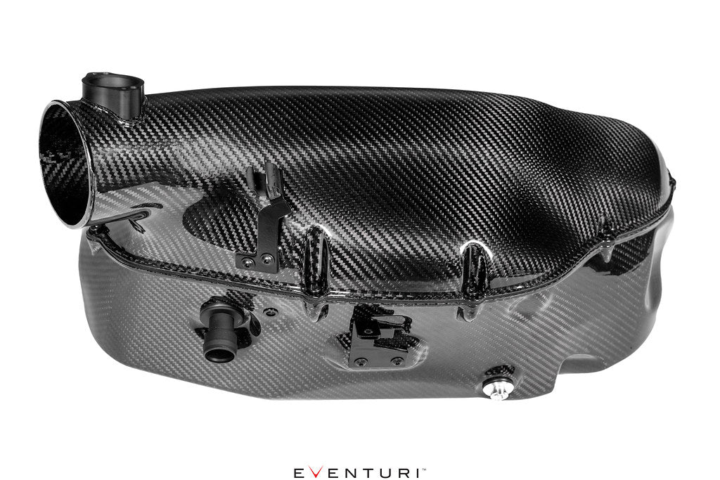 Eventuri hybrid carbon airbox system for BMW Z4 M E85/E86, performance intake with sleek black carbon finish on white background.