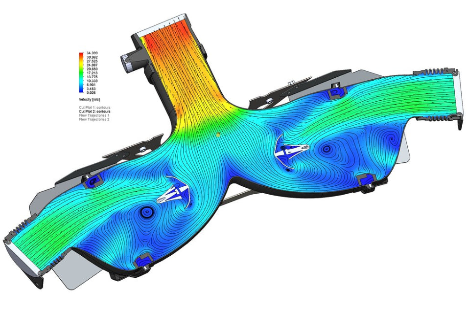 CFD airflow analysis of the Eventuri intake system for the Chevrolet C8 Corvette Coupe showing optimized air path
