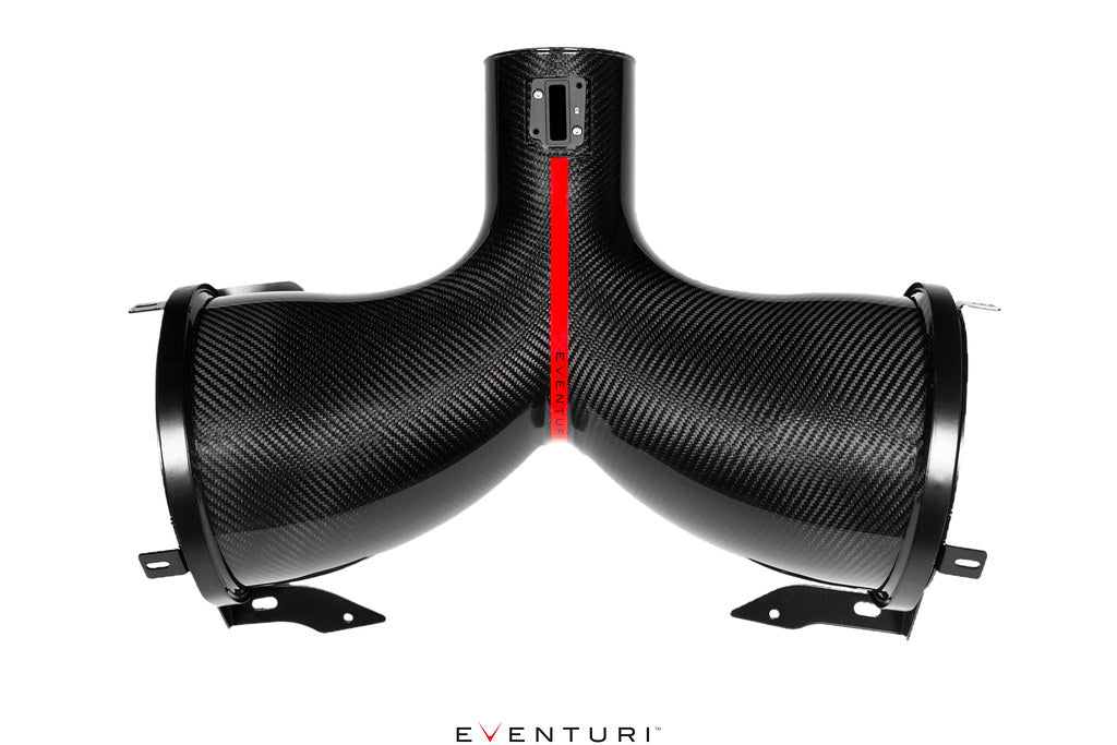 Eventuri black carbon fiber intake system for Chevrolet C8 Corvette Coupe on a white background