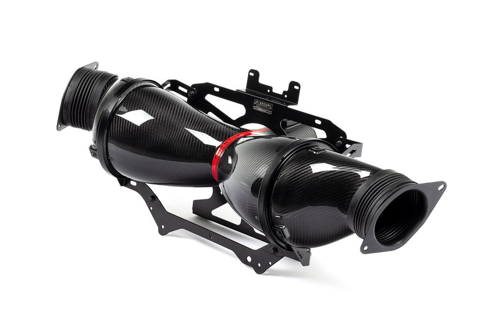 Eventuri black carbon fiber intake system for Chevrolet C8 Corvette Coupe on a white background