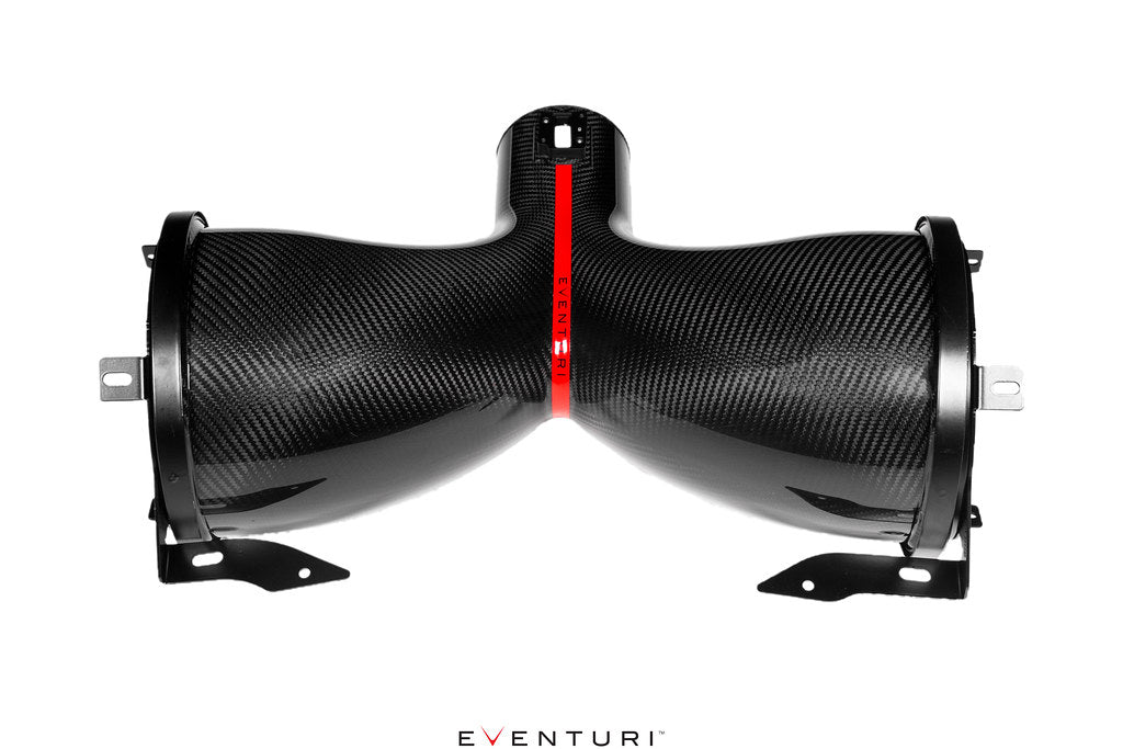 Eventuri black carbon fiber intake system for Chevrolet C8 Corvette Coupe on a white background