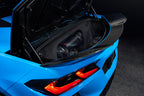 Eventuri carbon fiber intake system installed in a Chevrolet C8 Corvette Hard-Top Convertible with clear trunk panel
