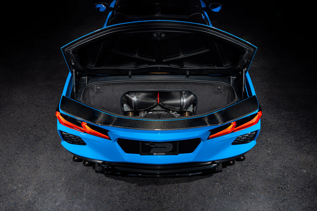 Eventuri carbon fiber intake system installed in a Chevrolet C8 Corvette Hard-Top Convertible with clear trunk panel