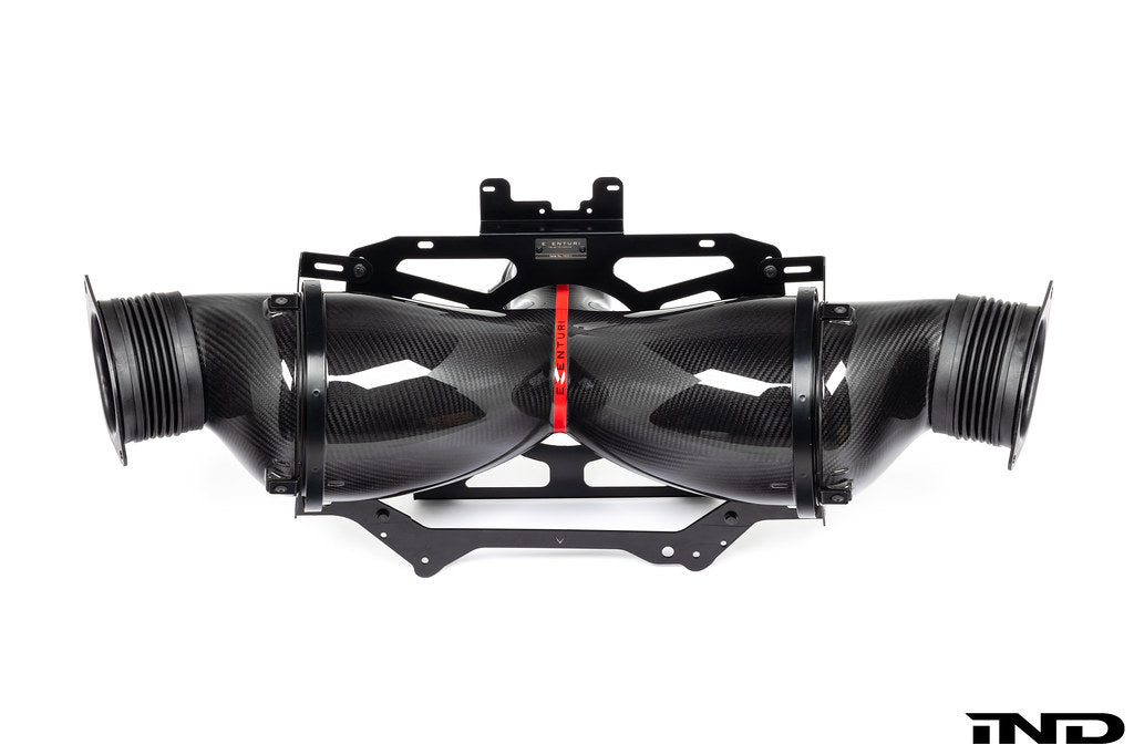 Eventuri carbon fiber intake system installed in a Chevrolet C8 Corvette Hard-Top Convertible with clear trunk panel